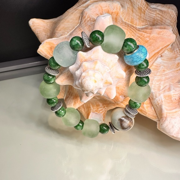 GAMBLER AMAZONITE + SEA GLASS STONES NATURAL BRACELET size 7” - Picture 7 of 15
